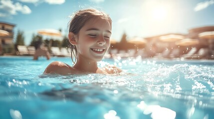 Generative AI Image of Beautiful Girl Swim at Hotel Outdoor Pool at Bright Day