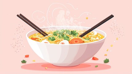 Wall Mural -   A pink bowl of noodle soup with chopsticks protruding, served on a white plate