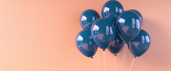 Navy blue balloons on a peach pastel surface, offering clear text area.