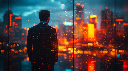 Wall Mural - Silhouette of a man in a suit gazing out at a cityscape at night.