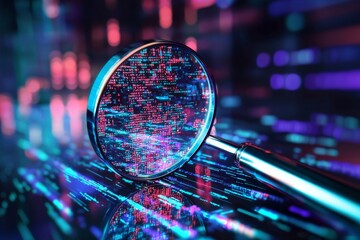 Sticker - A magnifying glass in front of glowing charts, graphs, and buttons. Conceptual picture of digital technology.