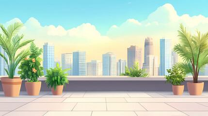 Poster - A flat roof with city views and potted plants on the terrace generative ai. Rooftop View. Illustration