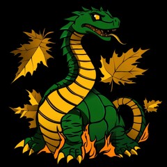 Sticker - Green Dragon with Golden Stripes and Autumn Leaves