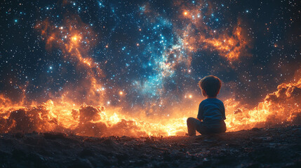 Sticker - A young boy gazes up at a vibrant night sky filled with stars.