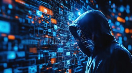 A hooded figure against a digital backdrop, symbolizing technology and cybersecurity themes.