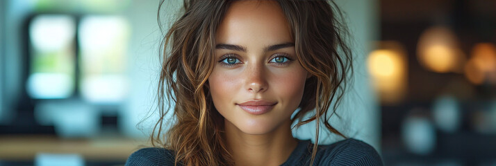 Wall Mural - Young woman with long brown hair and blue eyes smiles at the camera.