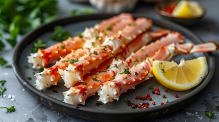 Red king crab legs with lemon on a plate 