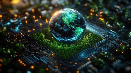 Wall Mural - 3D rendering of a digital earth hologram floating on top of an electronic chip platform with glowing circuit lines and green mossy vegetation around it, against a dark background