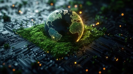 Wall Mural - 3D rendering of a digital earth hologram floating on top of an electronic chip platform with glowing circuit lines and green mossy vegetation around it, against a dark background