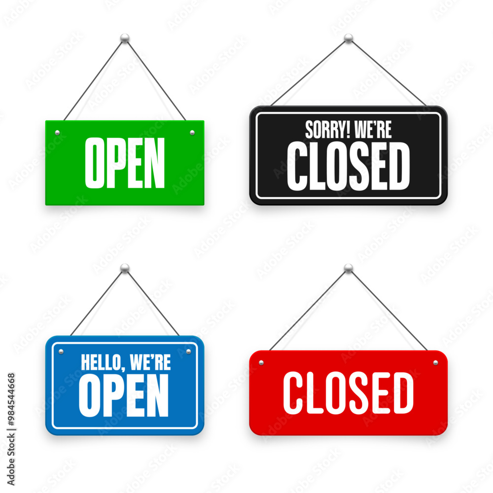 Open Close Signage Booth Realistic open or closed hanging signboards. Vintage door sign for cafe ...