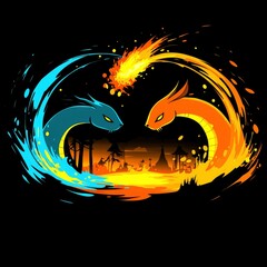 Wall Mural - Fire and Water Dragon Battle