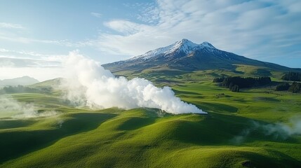 A mountain with a large cloud of smoke rising from it