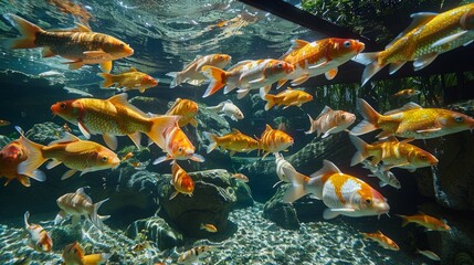 River pond decorative orange underwater fishes nishikigoi. Aquarium koi Asian Japanese wildlife colorful landscape nature clear water photo 