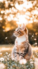 Wall Mural - A fluffy brown cat enjoys a tranquil moment sitting in wildflowers, illuminated by golden sunlight at sunset, with daisies gently decorating its fur