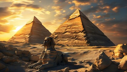 Majestic close-up of the Great Pyramid of Giza illuminated by the warm glow of the setting sun