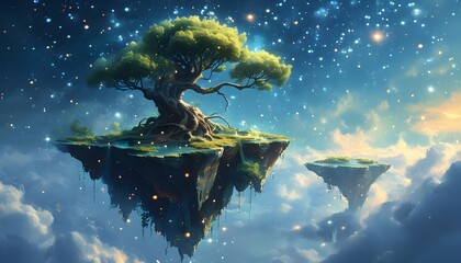 Wall Mural - Mystical tree on floating island under a starry night sky with soft clouds in enchanting digital artwork