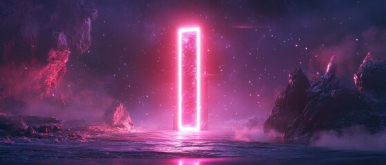 Wall Mural - A glowing pink portal stands amidst a surreal landscape of rocks and mist under a starry sky.