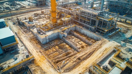 Wall Mural - Image of an industrial plant expansion, showing the early stages with groundwork and foundational structures visible