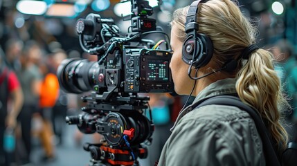Wall Mural - a professional female videographer wearing headphones and operating a high-end video camera with a d