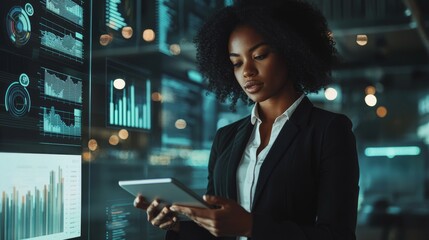 Canvas Print - An image of a woman with a tablet that is superimposed with futuristic digital graphics, charts, and interface elements suggesting that the theme is high-tech.