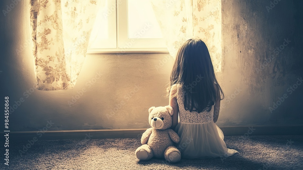 Little girl sitting on the floor with a teddy bear in an empty room ...