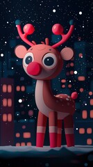 Poster - Cute Cartoon Reindeer in Winter Night