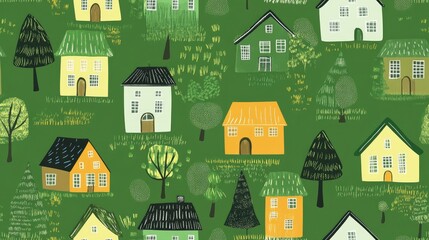 Continuous green pattern featuring houses