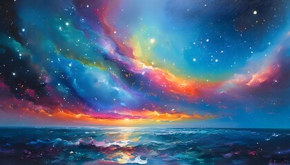 Vibrant Abstract Cosmic Ocean Merging with a Colorful Nebula in a Stunning Celestial Painting