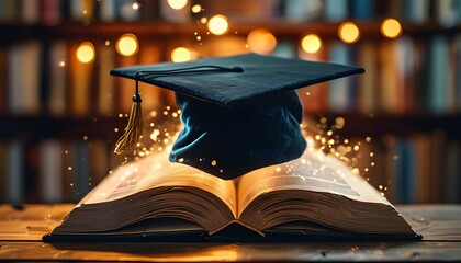 Modern graduation cap soaring above an open book, embodying the essence of knowledge and education in a tech-inspired artistic design