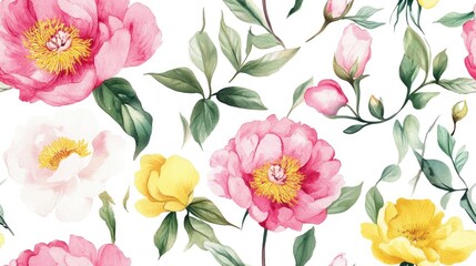 Watercolor floral pattern featuring pink peonies yellow and pink flowers and leaves Ideal for packaging wallpaper fabric romantic designs and cosmetic and accessory store graphics