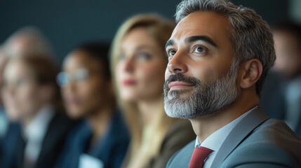 A group of business people at a conference or meeting, sitting in arow and listening to a presentation. Highlighting the focus and engagement of attendees.