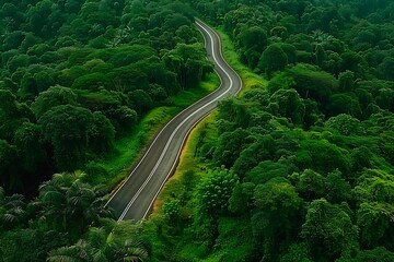 Aerial view of a road in the green forest.