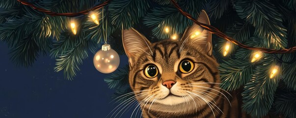 Tabby cat under a Christmas tree full of lights flat design, top view, winter wonderland theme, animation, Split-complementary color scheme