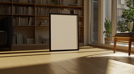 Sunlight filters through a window in a modern living space, highlighting a black-framed poster mockup on the floor and a coffee table adorned with books and plants