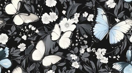 Wall Mural - Beautiful butterflies soaring through a floral jungle design ideal for book pages Fantasy inspired illustration in black gray and white hues Seamless colorful pattern