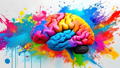 Wall Mural - Burst of Creativity: A Colorful Brain Amidst Dynamic Paint Splashes