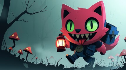 Sticker - Cartoon Monster Character with Lantern in a Forest