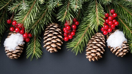 Wall Mural - This Christmas-themed flat lay displays green pine branches adorned with vibrant red berries and snow on a contrasting dark gray and black background, creating a festive atmosphere