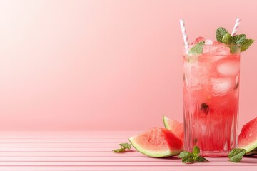 Wall Mural - Watermelon summer cocktail with ice and mint.