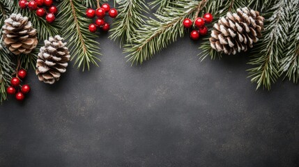 Wall Mural - This Christmas-themed flat lay displays green pine branches adorned with vibrant red berries and snow on a contrasting dark gray and black background, creating a festive atmosphere