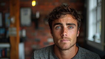 A young man with tousled hair and piercing blue eyes stands against a slightly blurred interior background with a brick wall and soft lighting