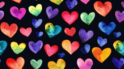 Colorful watercolor hearts in a seamless raster pattern on a black background