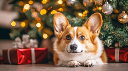 Canvas Print - A cute Pembroke Welsh Corgi relaxing quietly next to a Christmas tree decorated with lights and presents. Adorable pet