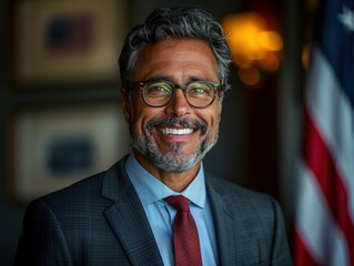 Sticker - smiling business men showing teeth, middle aged, latino, red tie, wrinkles, confidence, at new york, american flag, lit background, glasses