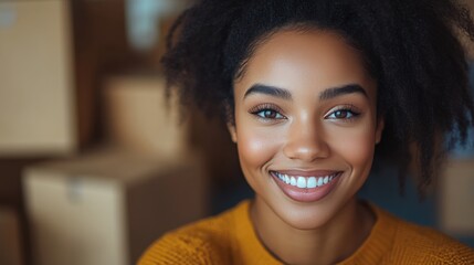 Wall Mural -  Young smiling African American woman unpacking boxes in a newly furnished home, capturing the excitement of moving in. 