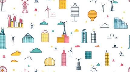 Seamless pattern featuring solar panels windmills Ferris wheel and skyscrapers Illustration suitable for fabric paper and backgrounds