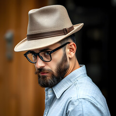 Canvas Print - Un hombre joven, que luce barba y anteojos,mientras mira de lado