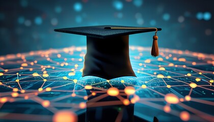 Global Education Network: Graduation Cap Above Interconnected Nodes