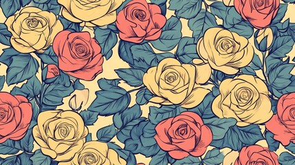 Wall Mural - Vintage seamless rose doodle pattern