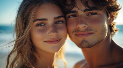 Wall Mural - Portrait of a young couple at the beach, enjoying a carefree moment with the ocean and sky in the background. 